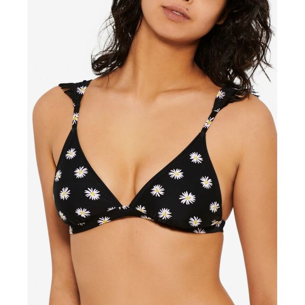 HULA HONEY Women's Black Floral Ruffled Triangle Bikini Top XS